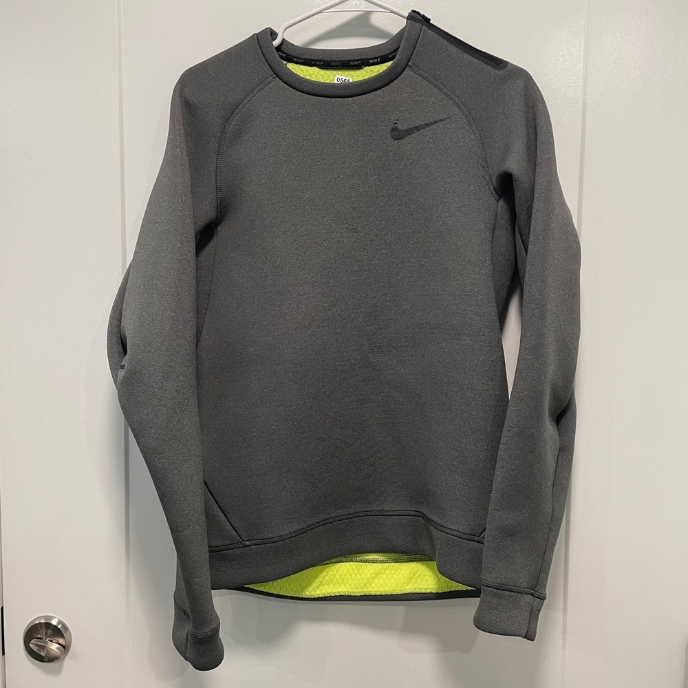 Nike Therma-FIT‎ Mens Small Gray Neon Green Waffle Fleece Crewneck Sweatshirt